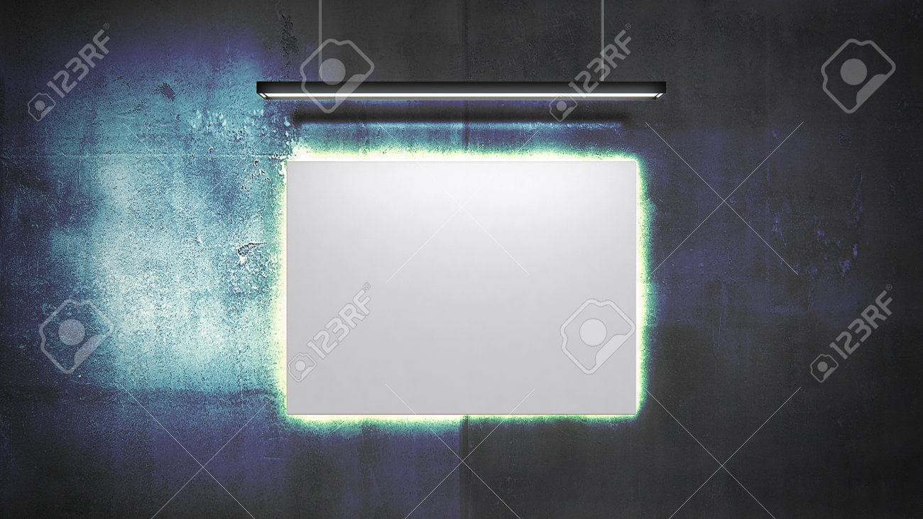 Empty canvas on the wall 3d render. Simple scene with colorful dark concrete wall and white canvas. Glowing light behind the canvas and above. - 160499382 Empty canvas on the wall 3d render. Simple scene with colorful dark concrete wall and white canvas. Glowing light behind the canvas and above. - 160499382