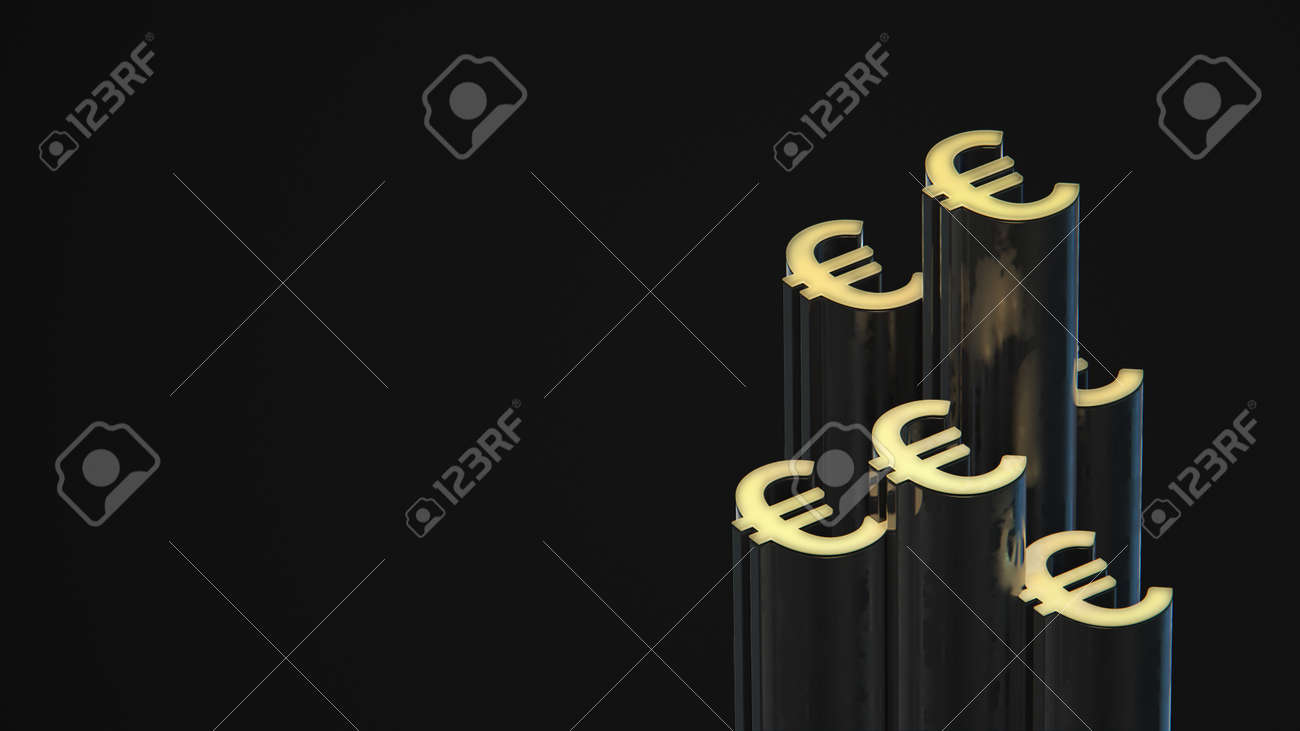 Euro-shaped towers group grow up on dark background. Financial business 3d render concept. - 169603091 Euro-shaped towers group grow up on dark background. Financial business 3d render concept. - 169603091