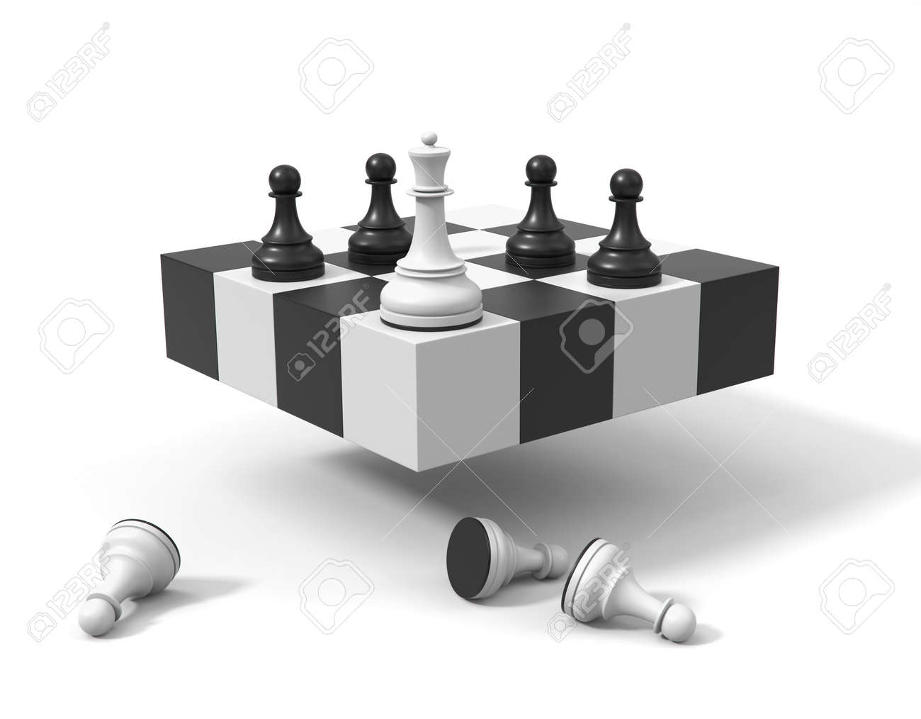 Chess concept. Queen and pawns on a symbolic chessboard 3d render. Chessmen in the corner, white pawns on the ground. - 169603094 Chess concept. Queen and pawns on a symbolic chessboard 3d render. Chessmen in the corner, white pawns on the ground. - 169603094