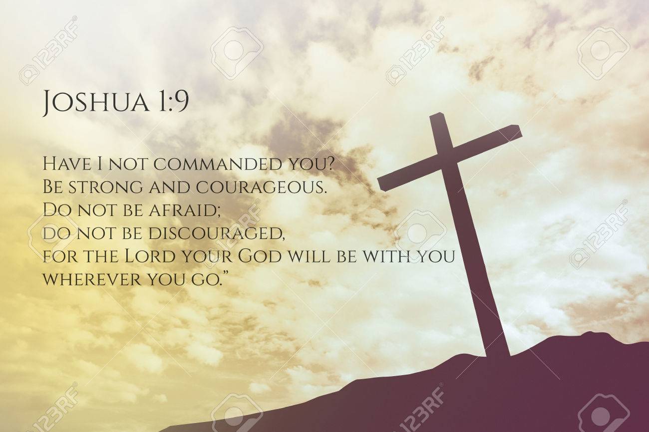 joshua 1 9 vintage bible verse background on one cross on a hill