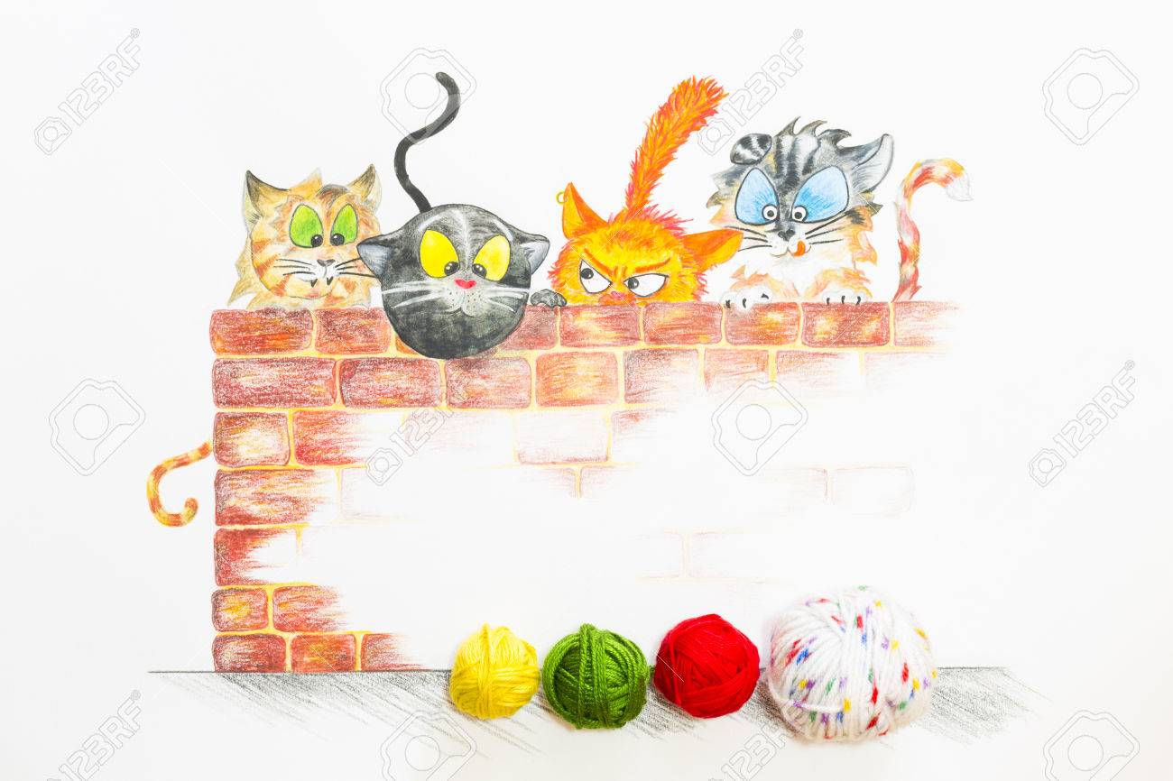 Un Groupe De Chats De Dessin Animé Se Cachant Derrière Un Mur De Briques Rouges Et Désirant Les Boules De Laine Colorées à Lavant Illustration