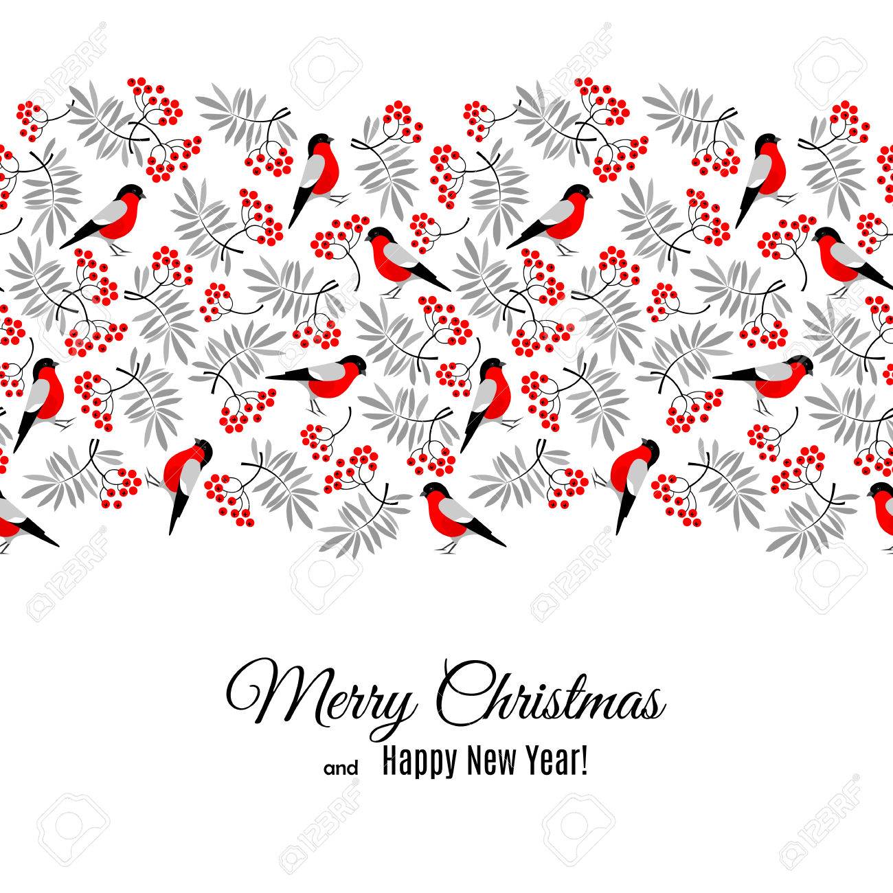 New Years Foliage >> Merry Christmas And Happy New Year Greeting Card With Bullfinch New Years Foliage >> Merry Christmas And Happy New Year Greeting Card With Bullfinch