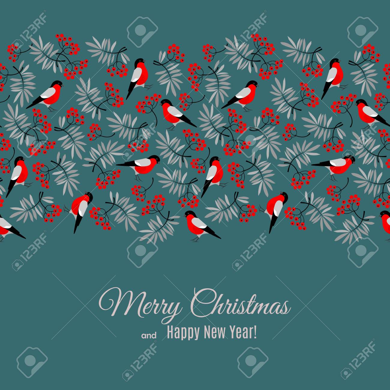 New Years Foliage >> Merry Christmas And Happy New Year Greeting Card With Bullfinch New Years Foliage >> Merry Christmas And Happy New Year Greeting Card With Bullfinch