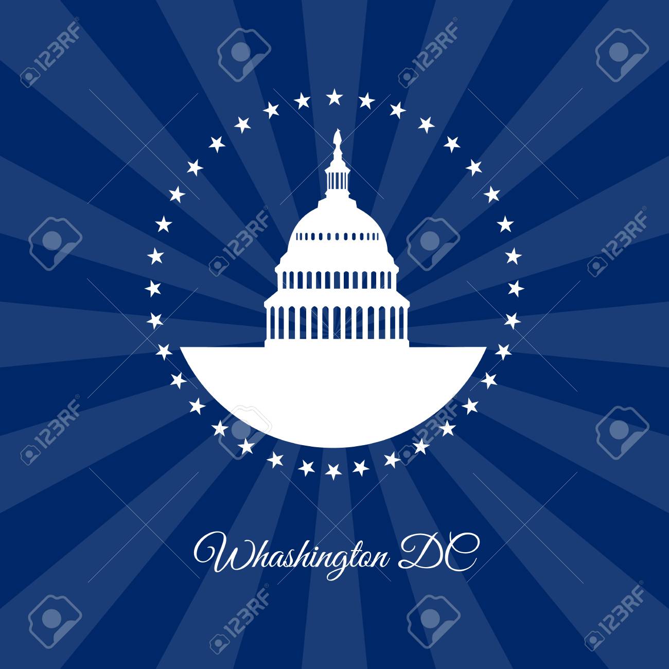 ワシントンdcのシンボル ホワイトハウスとキャピタルビルは 暗い光線の背景に隔離された丸みを帯びた星を構築します アメリカのランドマーク ベクトル イラストのイラスト素材 ベクタ Image