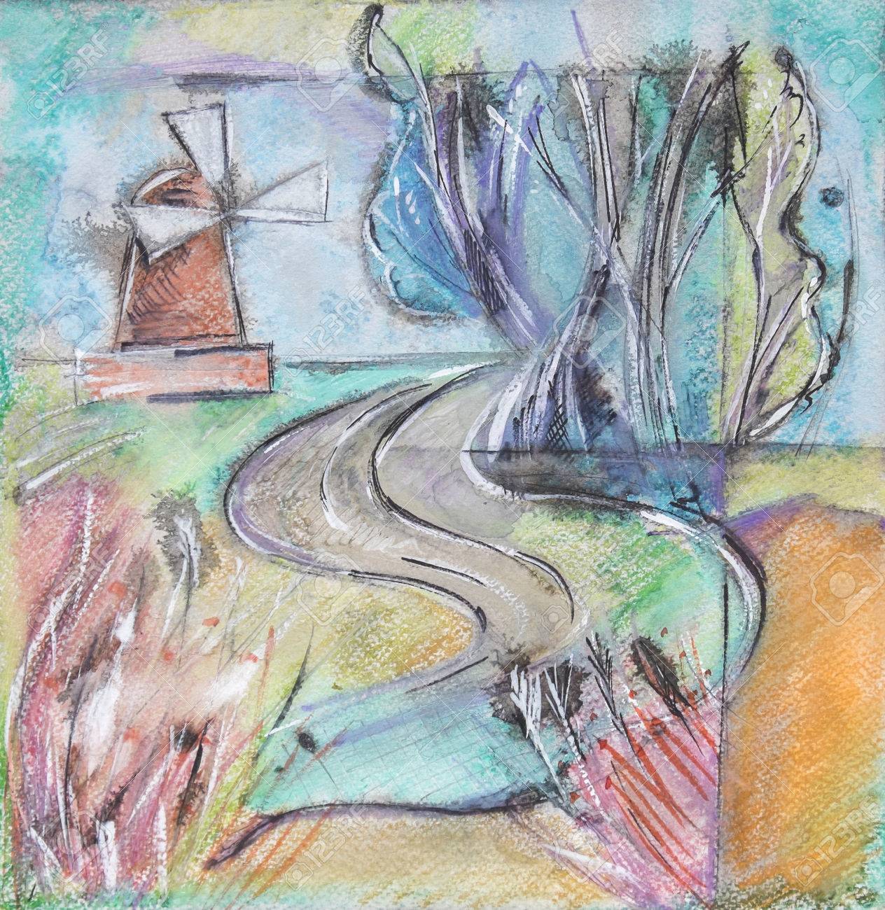 holland seasonal painting by watercolor and tempera stock photo
