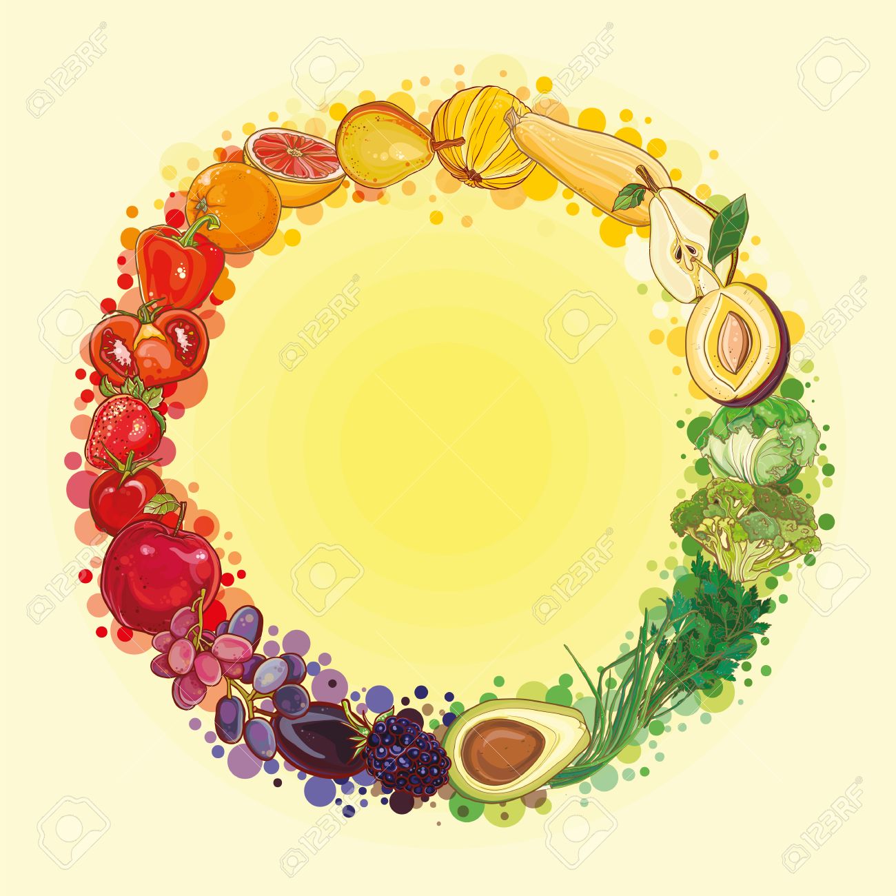 Round composition with bright, fresh, juicy fruits and vegetables. Vector color vegetables icon. Healthy lifestyle illustration for print, web. Food circle. eps 10 - 37843250 Round composition with bright, fresh, juicy fruits and vegetables. Vector color vegetables icon. Healthy lifestyle illustration for print, web. Food circle. eps 10 - 37843250