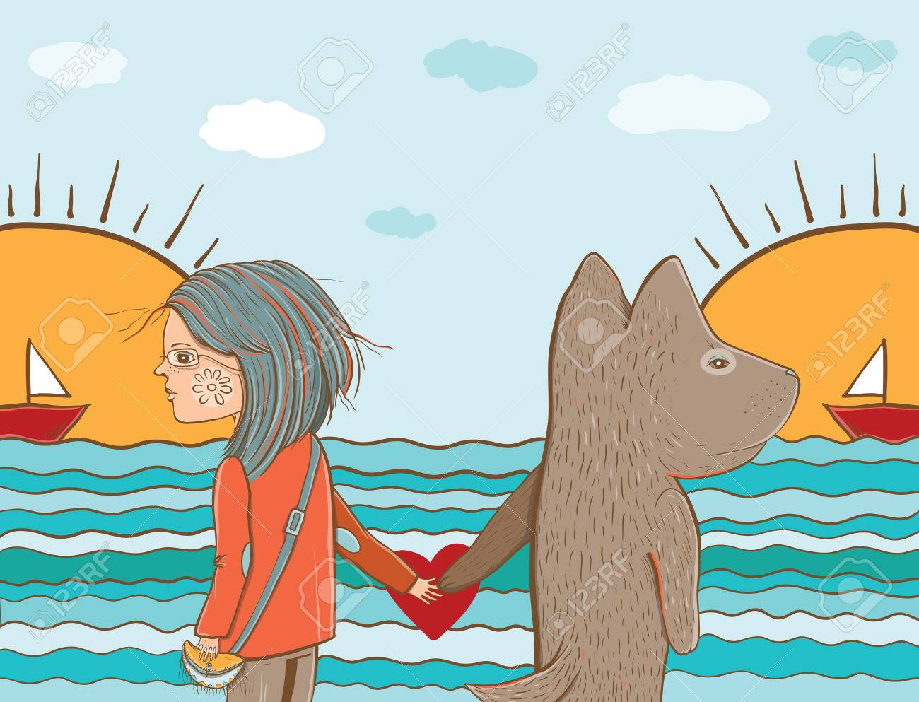 友情のベクター イラストです 少女と犬の海と船を見ています 人間と動物間の友情 グリーティング カードのデザインのテンプレートです Eps 10の イラスト素材 ベクタ Image