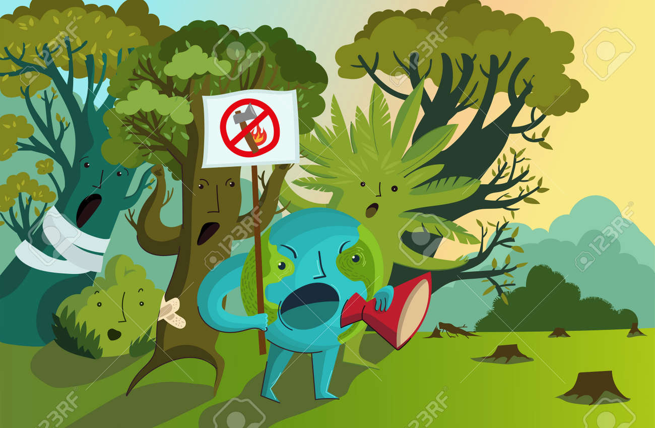 Vector illustration of planet Earth with a protest poster surrounded by indignant trees. Protest against deforestation, massive fires, destruction of the environment. Rally for the conservation of forests. Ecological poster. - 171713311 Vector illustration of planet Earth with a protest poster surrounded by indignant trees. Protest against deforestation, massive fires, destruction of the environment. Rally for the conservation of forests. Ecological poster. - 171713311