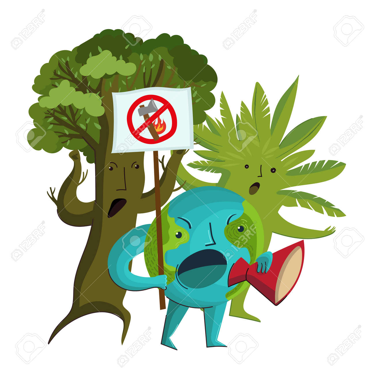Vector cartoon characters of the planet Earth and trees who protest against the deforestation and destruction of forests. - 171669142 Vector cartoon characters of the planet Earth and trees who protest against the deforestation and destruction of forests. - 171669142