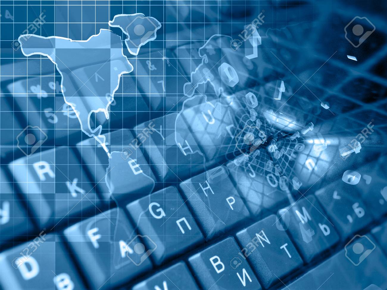 digits and map abstract computer background in blues stock photo