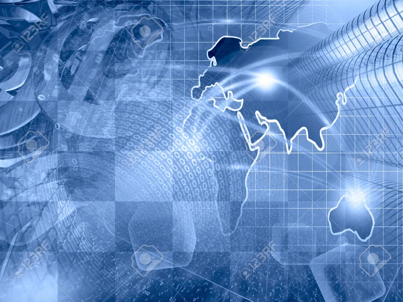 digits buildings and map abstract computer background in blues