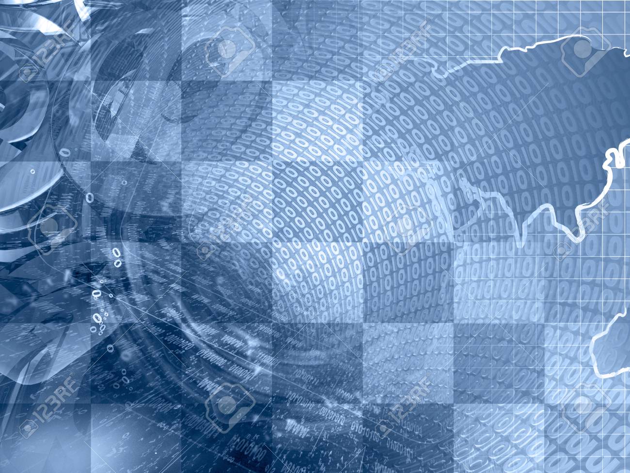 abstract digital background in blues map digits and mail signs
