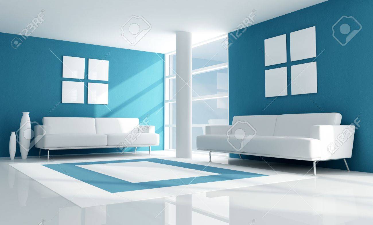 Blue Modern Living Room With Two White Velvet Sofa Rendering