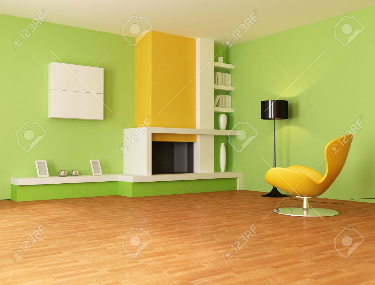 Modern fireplace in a yellow and green living room rendering stock photo 6060589
