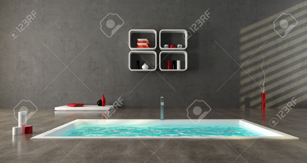 archivio fotografico minimalista bagno con vasca da bagno moda sul pavimento di cemento