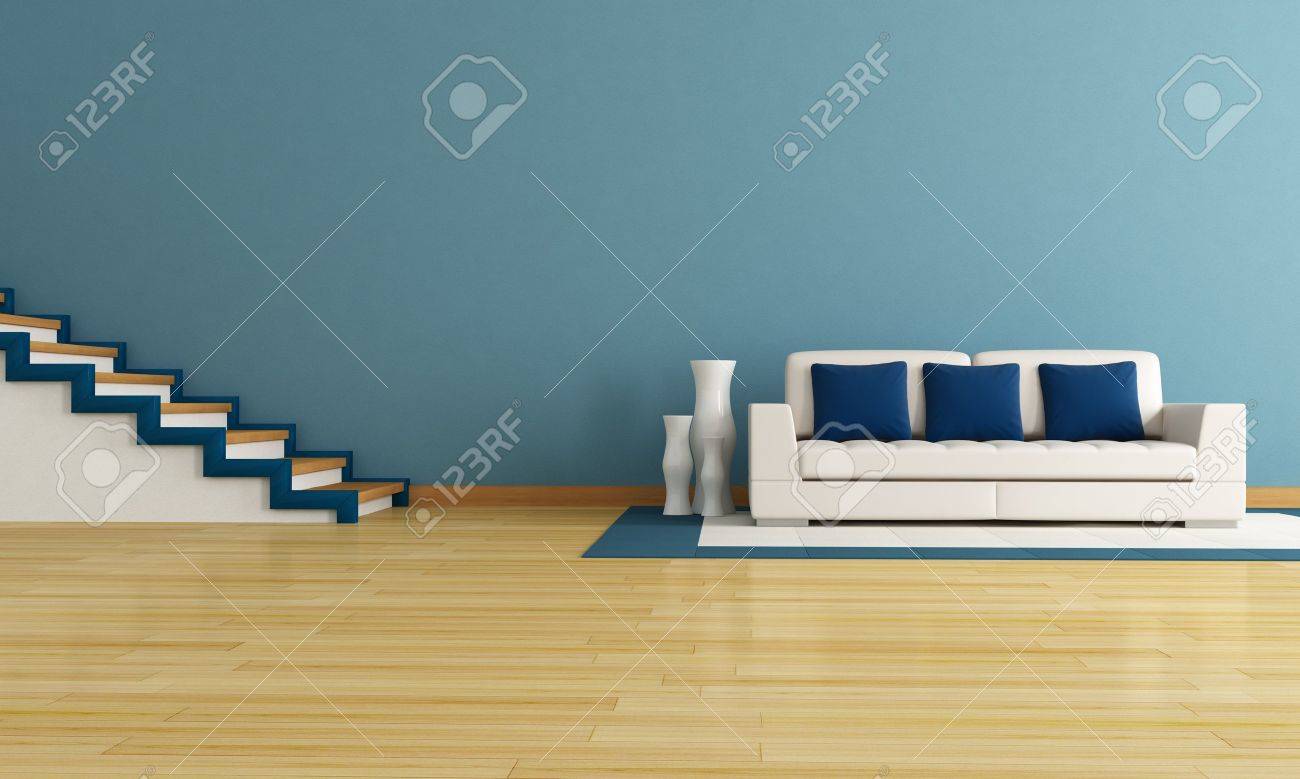 Blau Wohnzimmer Mit Treppe Und Modernen Weißen Couch Lizenzfreie ... Blau Wohnzimmer Mit Treppe Und Modernen Weißen Couch Lizenzfreie ...