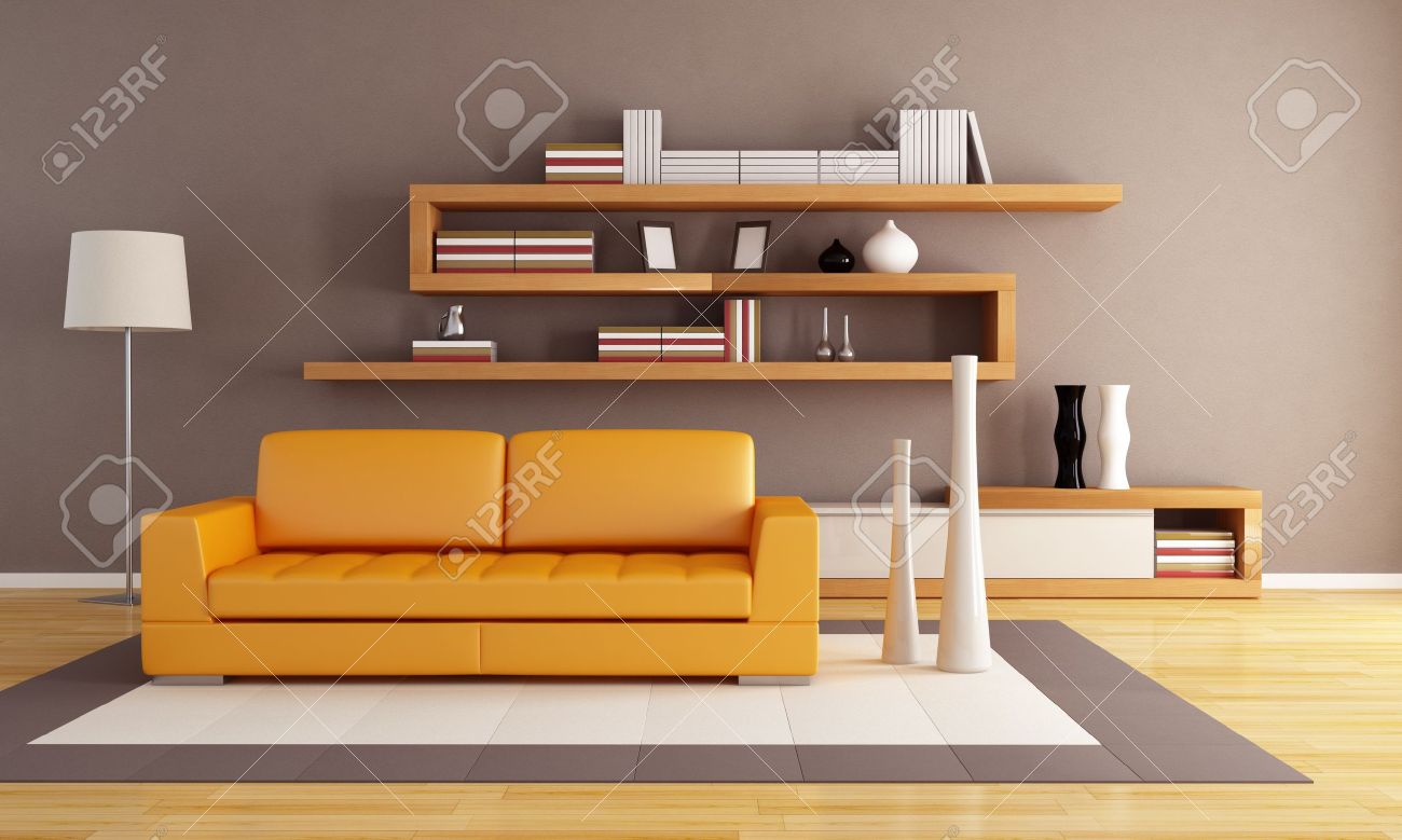 orange and brown living room with modern wooden bookshelf stock orange and brown living room with modern wooden bookshelf stock