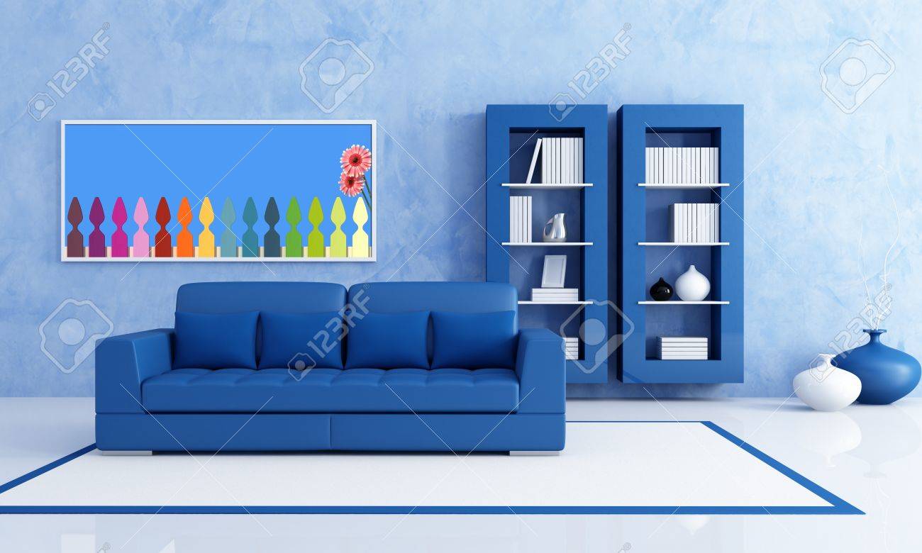 Blue Bookcase contemporary blue living room with bookcase - rendering- the Blue Bookcase contemporary blue living room with bookcase - rendering- the