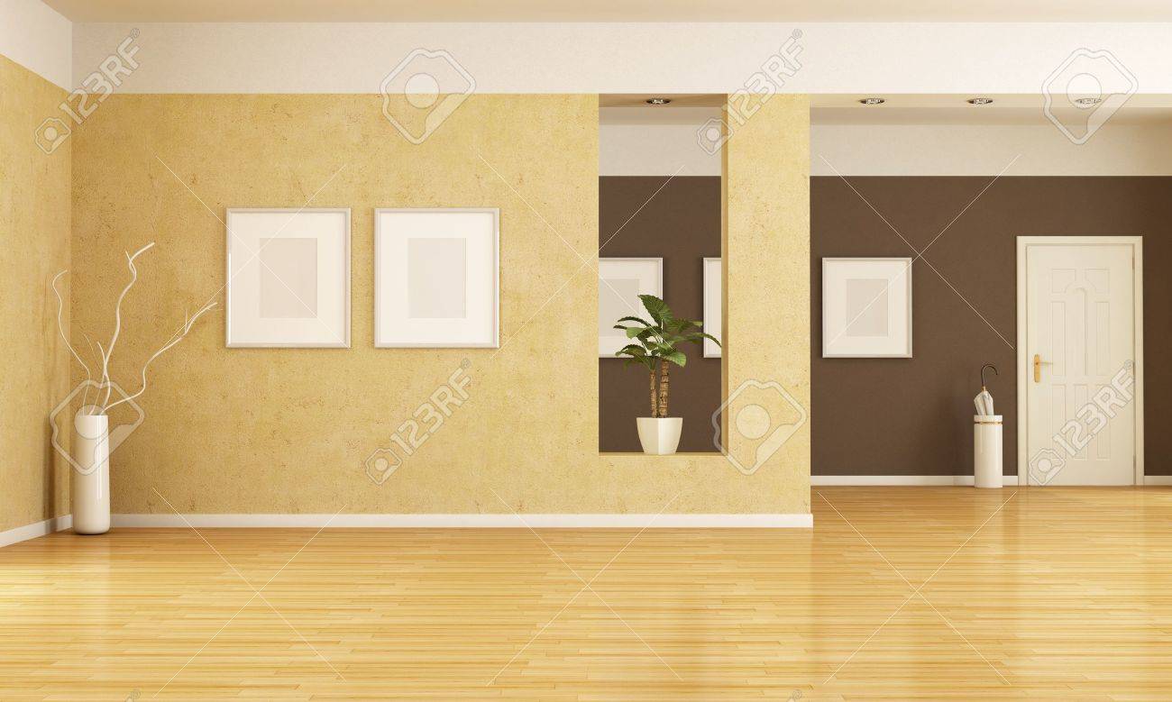 Empty Home Entrance And Living Room Rendering Stock Photo