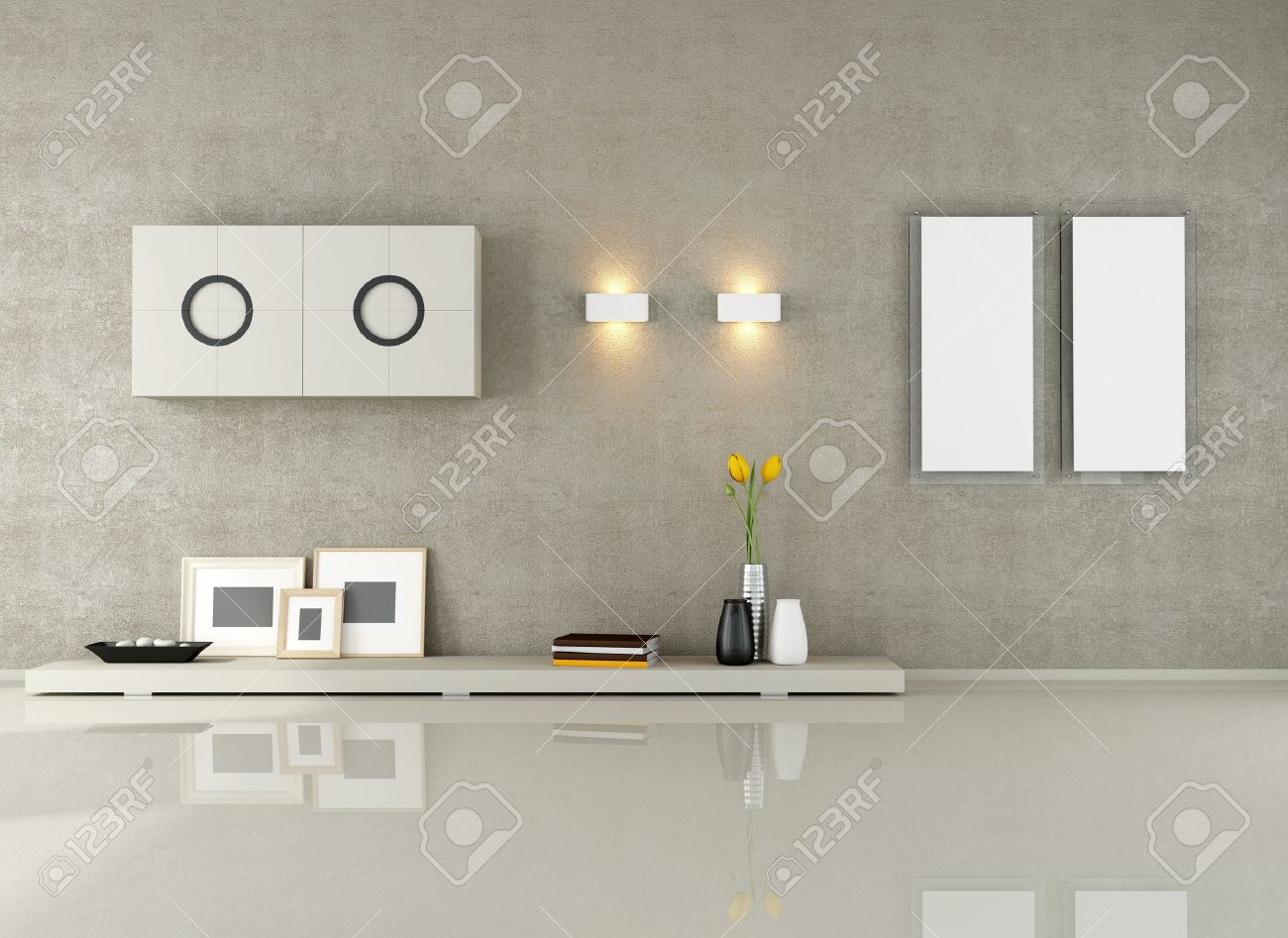 Minimalist Living Room Without Sofa Rendering Stock Photo