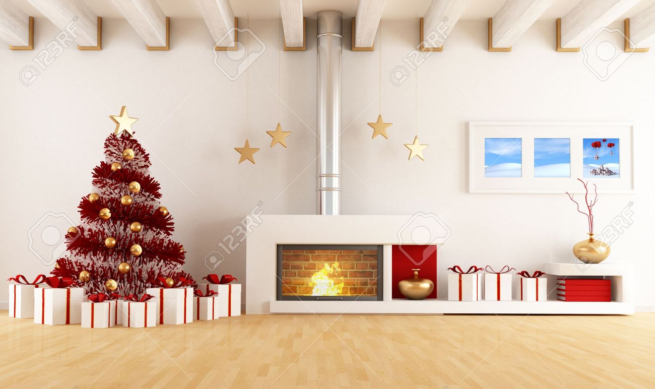 Sala De Estar Con Chimenea Y Blanco Del Arbol De Navidad La