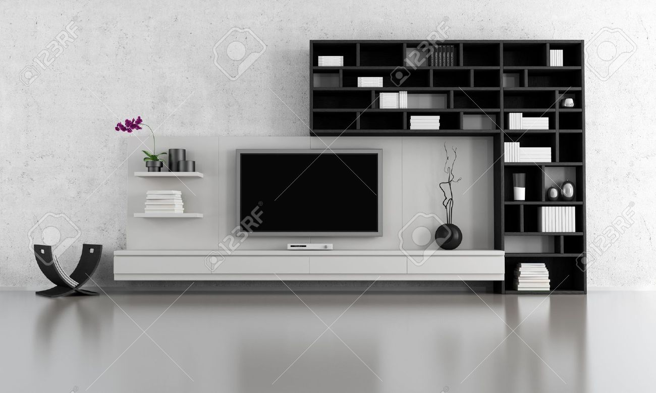 soggiorno bianco e nero con porta tv e libreria - rendering foto ... - Soggiorno Bianco E Nero Pareti soggiorno bianco e nero con porta tv e libreria - rendering foto ... - Soggiorno Bianco E Nero Pareti