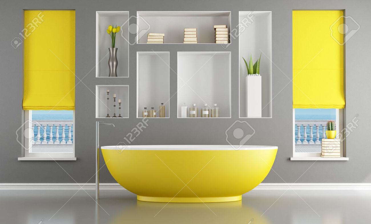 Cuarto de baño moderno gris y amarillo representación es la ...