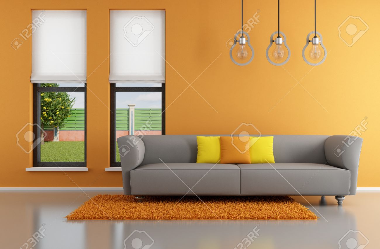 Minimalista narancs nappali szürke kanapé rendering a kép a ...