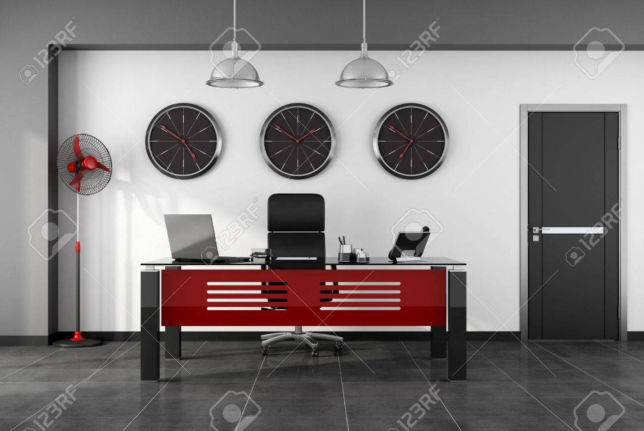 red and black modern office with desk chair fan and closed door