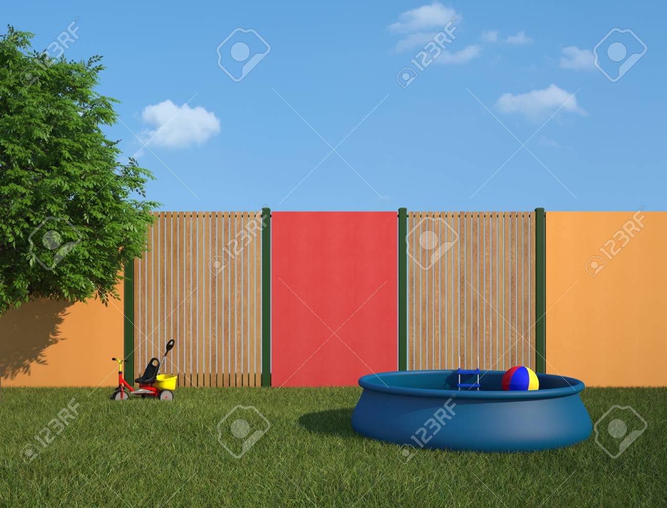 Piscine En Plastique Pour Enfants Dans Le Jardin Ensoleillé Banque D