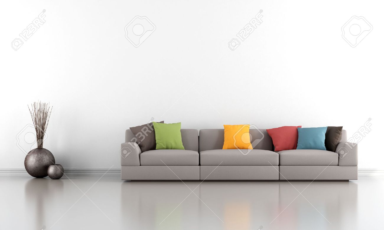 Minimalist Living Room With White Wall And Colorful Sofa Minimalist Living Room With White Wall And Colorful Sofa
