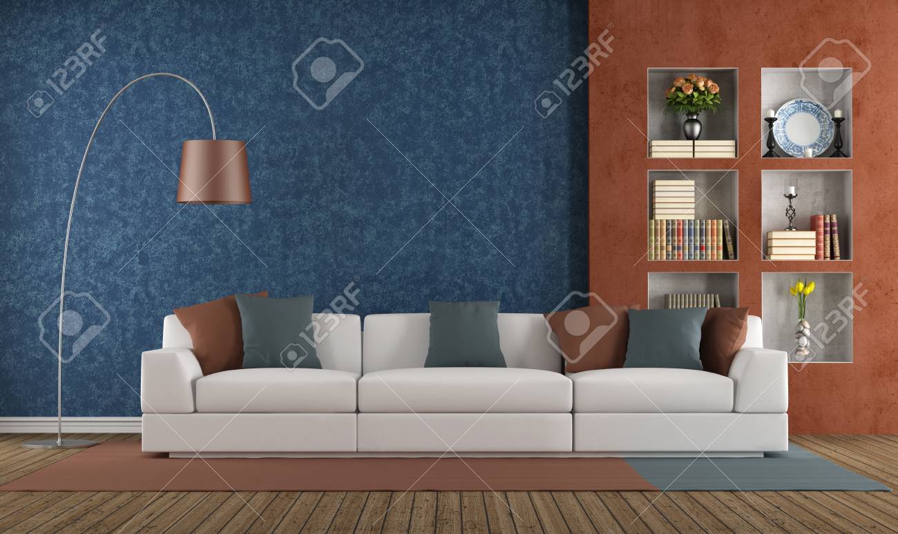 Weiße Sofa In Einem Blauen Und Orange Wohnzimmer - Rendering ... Weiße Sofa In Einem Blauen Und Orange Wohnzimmer - Rendering ...