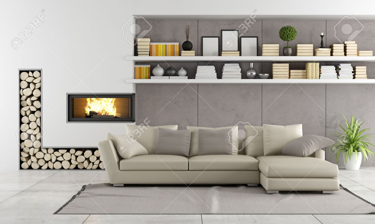 Moderne Wohnzimmer Mit Kamin, Sofa Und Regale Mit Bücher Und Objekte ... Moderne Wohnzimmer Mit Kamin, Sofa Und Regale Mit Bücher Und Objekte ...
