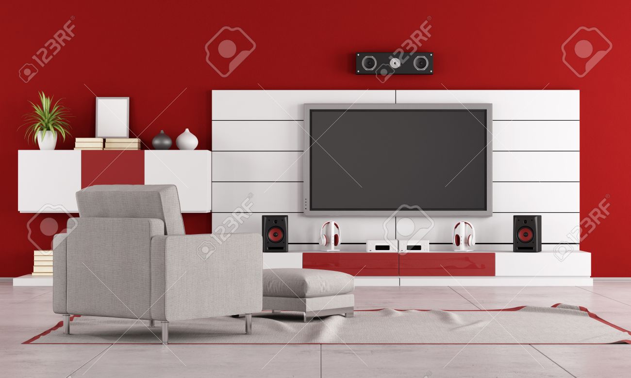 Red Living Room With TV Standspeaker And Armchair Rendering