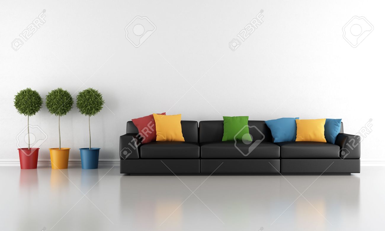 Moderne wohnzimmer mit schwarzen sofa und bunten kissen lizenzfreie bilder 32378609