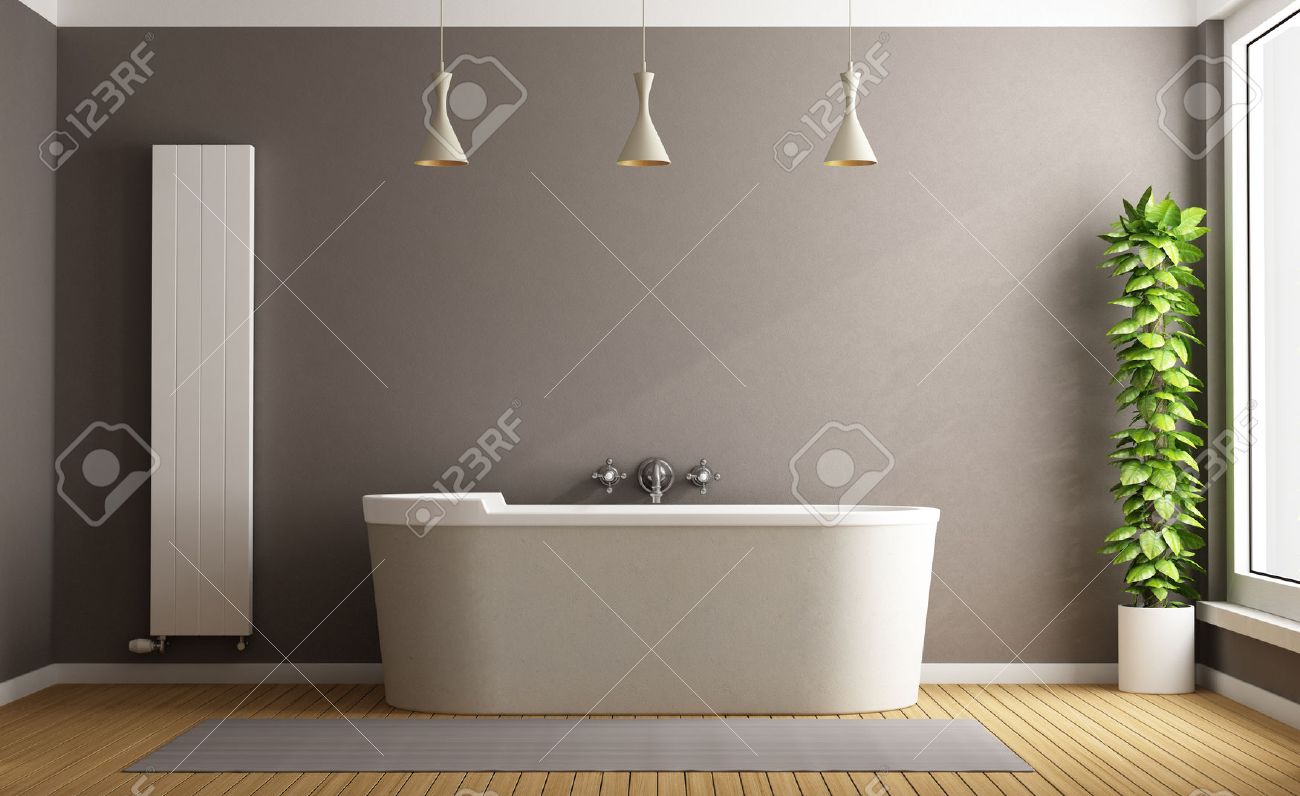 archivio fotografico bagno minimalista con vasca elegante riscaldamento verticale e piante rendering 3d