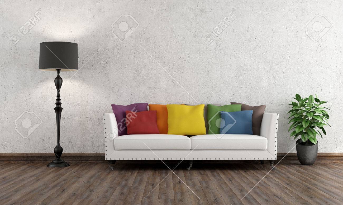 retro living room with colorful couch on wooden floor - 3d retro living room with colorful couch on wooden floor - 3d