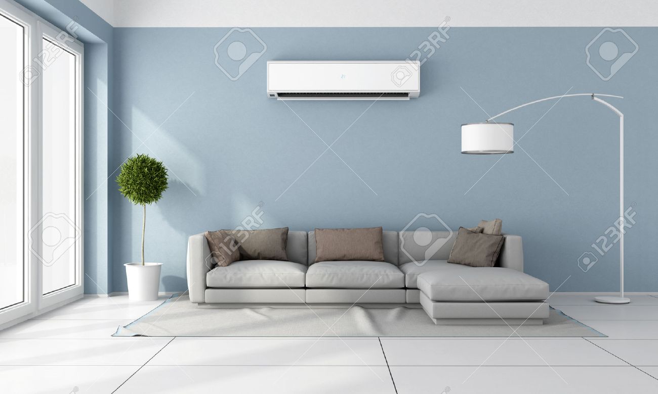 Salle De Séjour Avec Canapé Bleu Gris Et Climatiseur Sur Le Mur ... Salle De Séjour Avec Canapé Bleu Gris Et Climatiseur Sur Le Mur ...