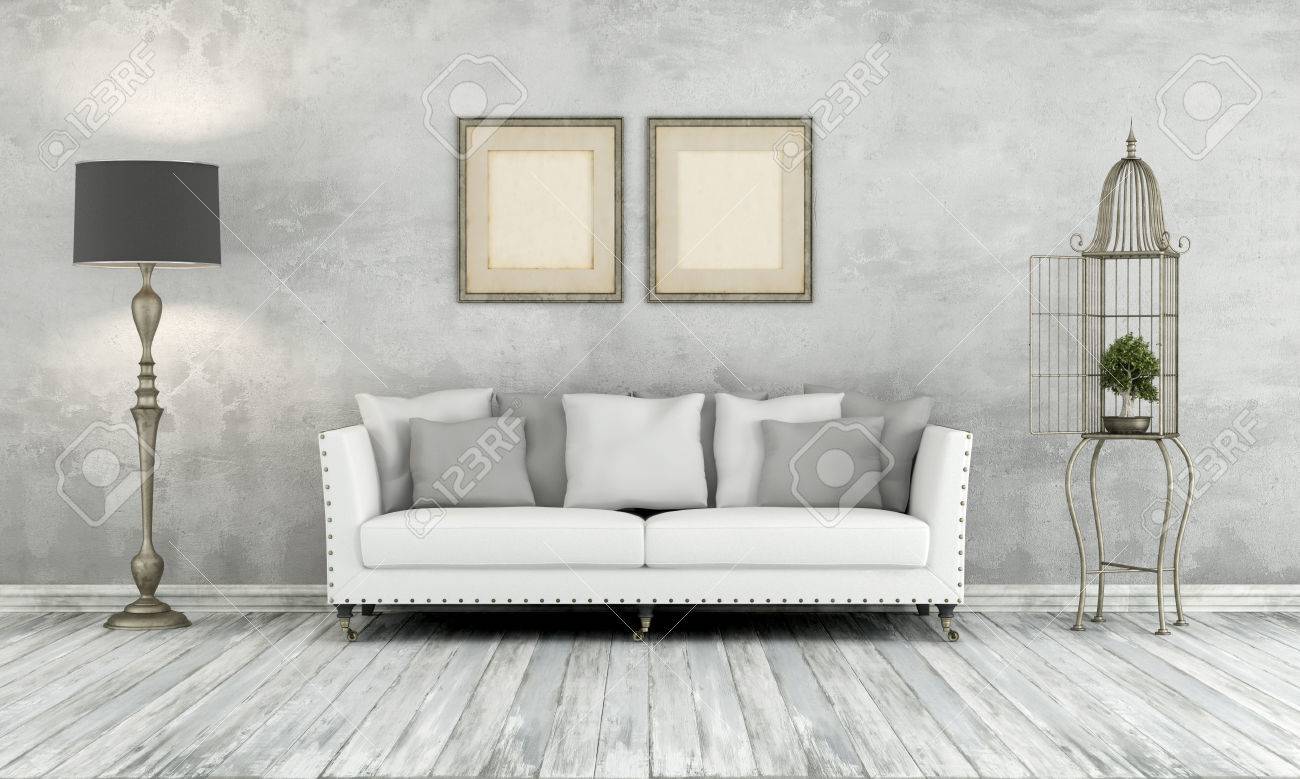 Grau Retro Wohnzimmer Mit Klassischen Sofa Stehlampe Und Kafig Mit Grau Retro Wohnzimmer Mit Klassischen Sofa Stehlampe Und Kafig Mit