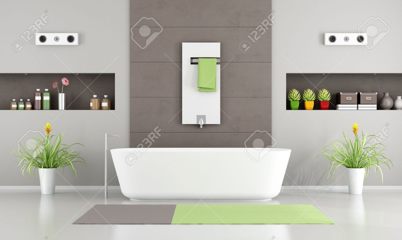 archivio fotografico contemporanea bagno con vasca da bagno bianca riscaldamento e di nicchia rendering 3d