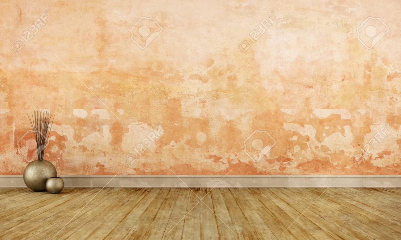 グランジ空部屋古いオレンジ色の壁と汚れたフローリング 3 D レンダリング の写真素材 画像素材 Image