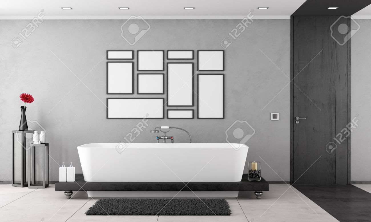 Salle De Bain Noir Et Blanc Avec Baignoire Elegante Et Porte En Bois Rendu 3d Banque D Images Et Photos Libres De Droits Image 46933614