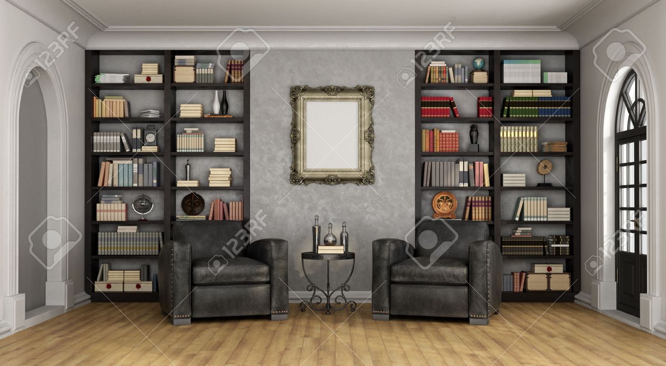 Luxury living room with large bookcase full of books and two black classic armchairs - 3D Rendering - 50159428 Luxury living room with large bookcase full of books and two black classic armchairs - 3D Rendering - 50159428