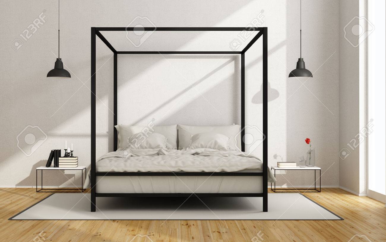 white bedroom with canopy bed in minimalist style - 3d rendering white bedroom with canopy bed in minimalist style - 3d rendering