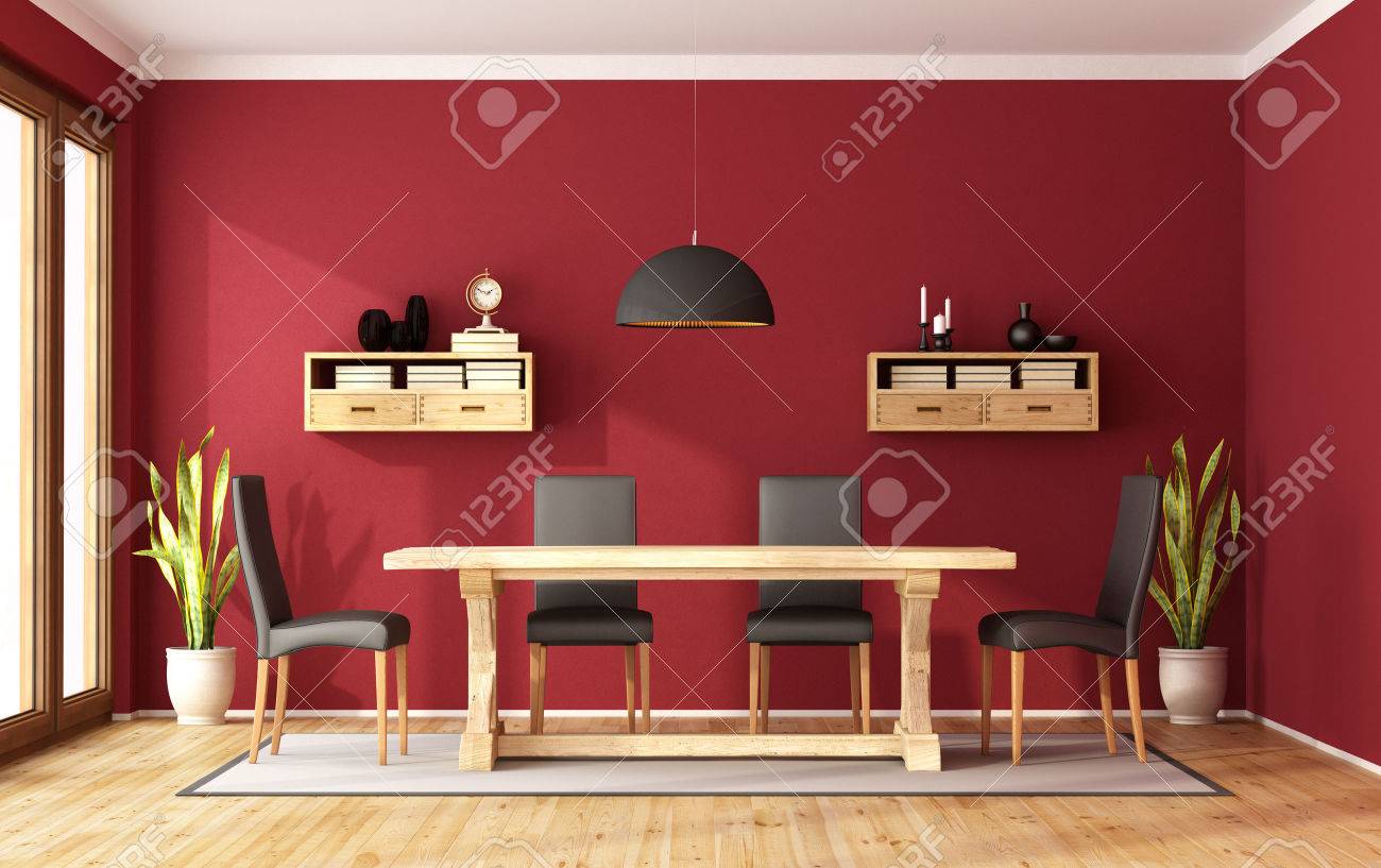 Salle A Manger Rouge Avec Table Rustique Et Chaise Moderne Rendu