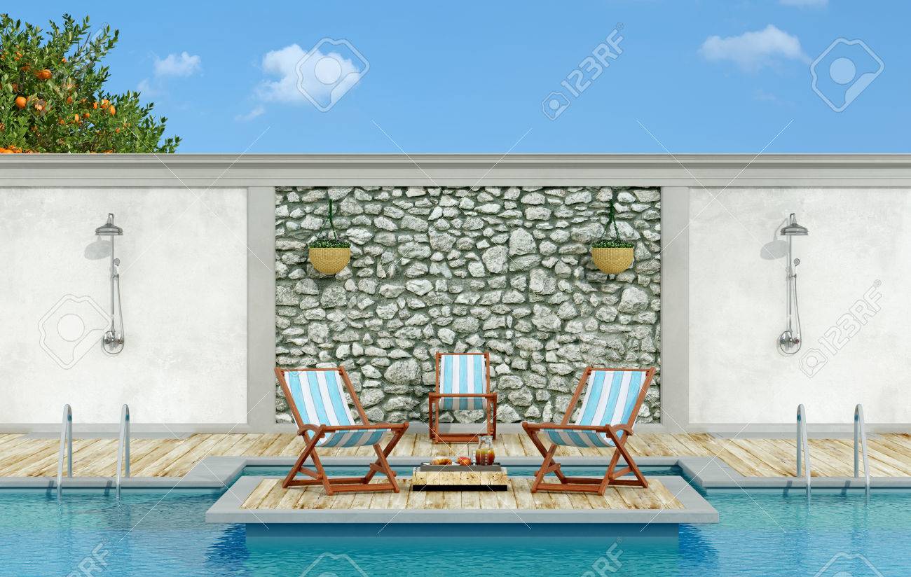 Garden With Stone Wall Swimming Pool Deck Chair And Shower Stock Photo Picture And Royalty Free Image Image 54278364