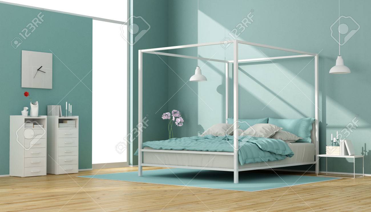 Blaue Und Weiße Schlafzimmer Mit Minimalistischem Himmelbett Und ... Blaue Und Weiße Schlafzimmer Mit Minimalistischem Himmelbett Und ...