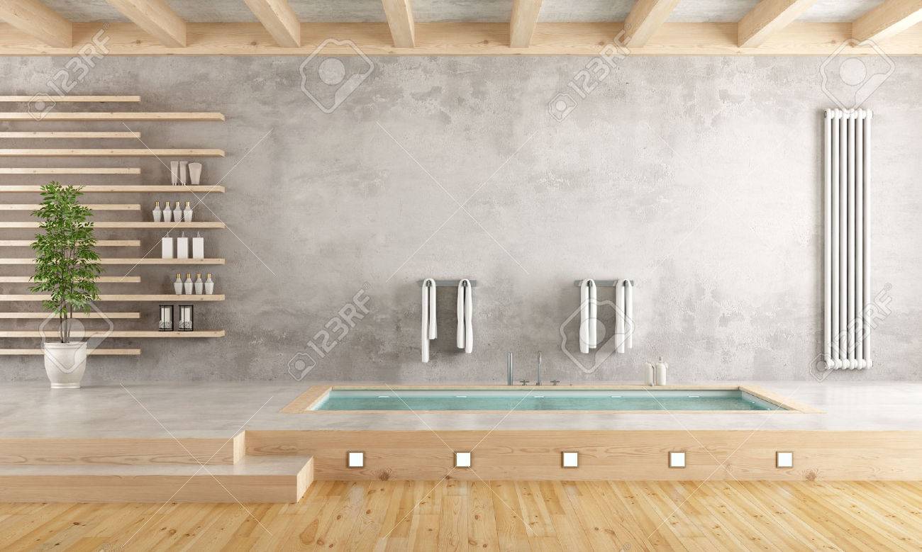 Cuarto De Baño Minimalista Con Bañera Hundida En La Plataforma De ... Cuarto De Baño Minimalista Con Bañera Hundida En La Plataforma De ...