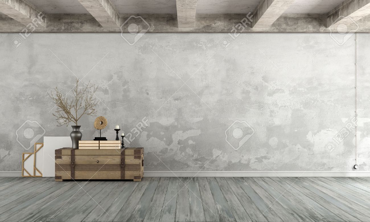 Grunge Living Room With Old Wall Wooden Chest On Floor And Grunge Living Room With Old Wall Wooden Chest On Floor And