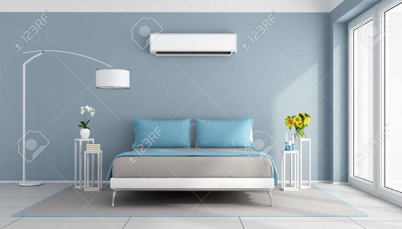 Blue Contemporary Bedroom With Air Conditioner 3d Rendering